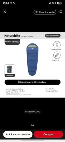 Saco de Dormir Naturehike Mummy Cotton MJ600 -5°C -12°C