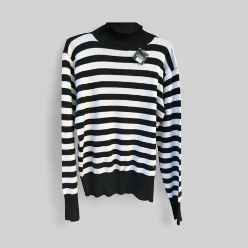 Suéter lã Listrado Gola Alta - P&B Unissex (Moda sust.)