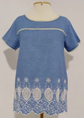 Blusa Jeans Azul Renda Bordado Branco - BARREDS