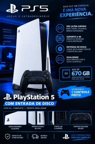 Ps5 edição standard 670 GB em funcionamento perfeito com base e controle.