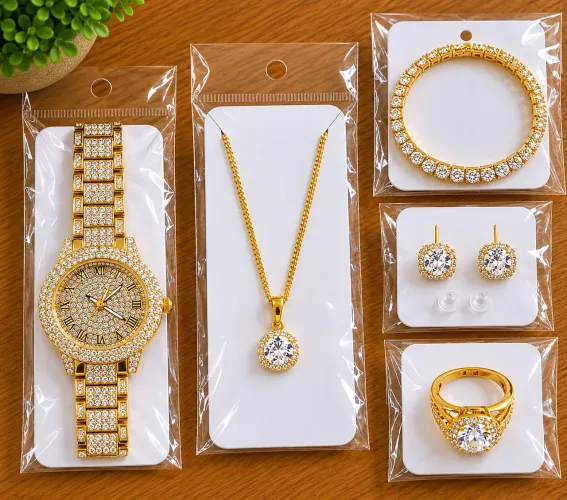 Kit Joias Femininas 5 Peças com Relógio Pulseira Colar Anel e Brincos