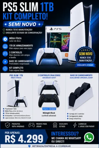PS5 Slim 1TB Mídia Física + 2 DualSense + Base Sony + Jogos