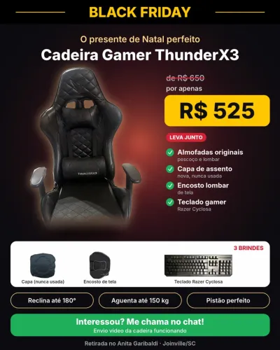 Cadeira Gamer ThunderX3 + Almofadas + 3 Brindes - Black Friday