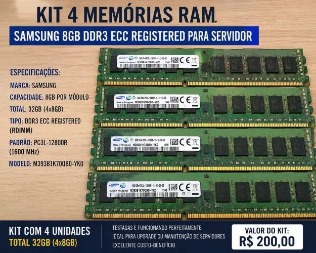 Kit com 4 Memórias RAM Samsung 8GB DDR3 ECC Registered para Servidor