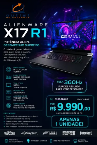 Notebook Gamer Premium Alienware X17 RTX 3080 16GB FHD 320Hz