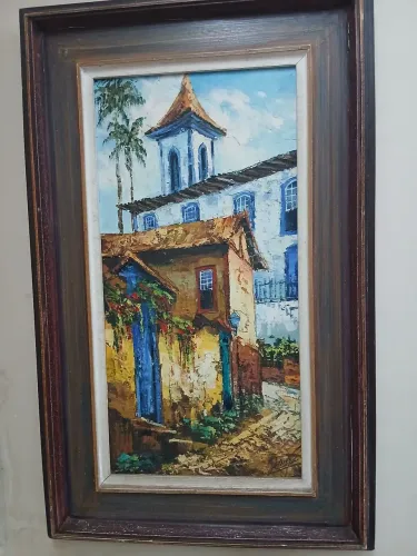 QUADRO ANTIGO PINTADO A ÓLEO CASARÃO ARTISTA DINIZ