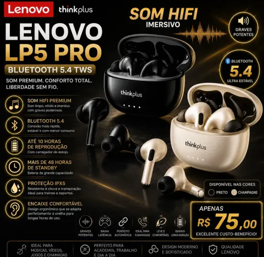 Fone de Ouvido Bluetooth Lenovo ThinkPlus LP5 Pro - Bluetooth 5.4 TWS