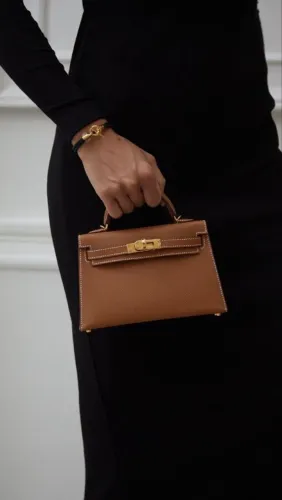 Bolsa de couro granulado legítimo caramelo Hermes mini Kelly 