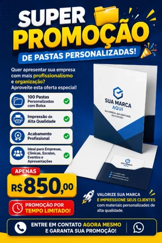 Pastas personalizadas com bolsa ! 100 unidades . Promoção tempo limitado 