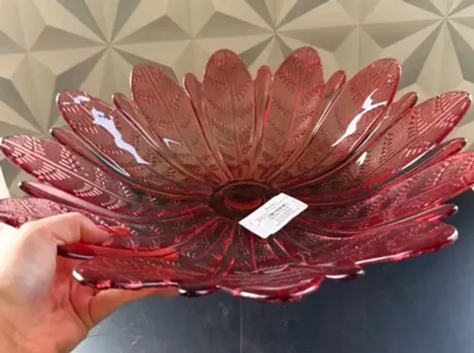 Fruteira de vidro vermelha decorativa folhas centro de mesa redondo
