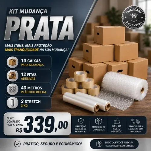 Kit Mudança Prata - Caixas, Plástico Bolha, Stretch e Fita