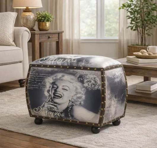Puff de apoio estampa Marilyn Monroe com gaveta vintage 