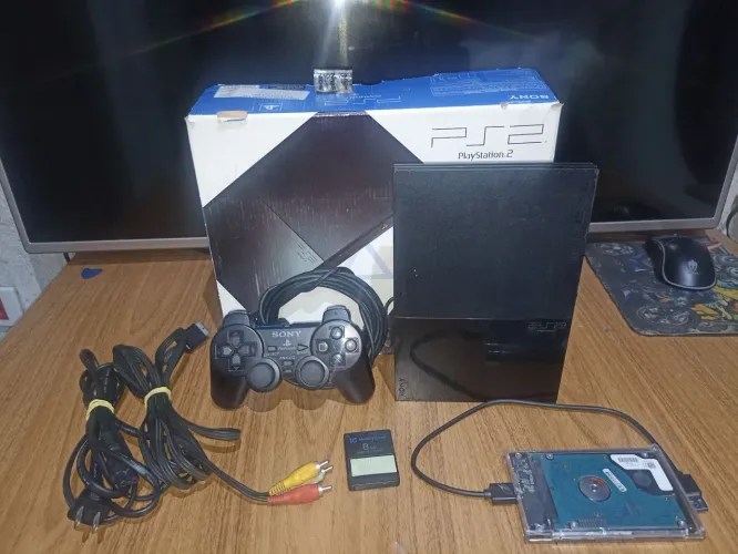 PlayStation 2 Slim + Caixa + HD Externo com Jogos + Controle Original