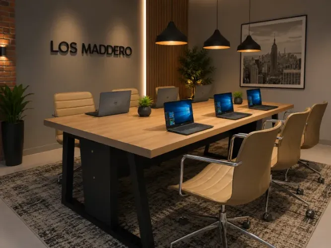 Mesa de Reunião Trapeze. Com tomadas. Em Madeira Maciça: L200cm x P90cm x A74cm