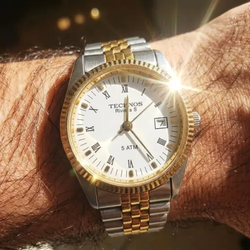 Lindo Relógio TECNOS Prateado e Banhado a Ouro - Original com Caixa