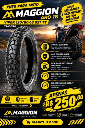 Pneu Moto Maggion Aro 18 Viper 120/80-18 62t Tt- Traseiro