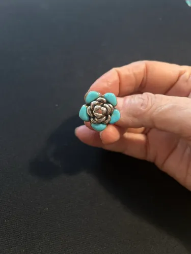Anel prata 925 floral turquesa