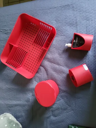 Kit Escorredor com Porta Talheres, Dispenser Detergente e Esponja, Lixeira Marca Coza