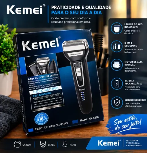 Máquina de Cortar Cabelo e Aparador Kemei KM-6558 3 em 1