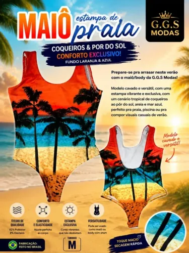 Maiô c/ estampa de praia, coqueiros & por do sol -- conforto exclusivo! (fundo laranja)