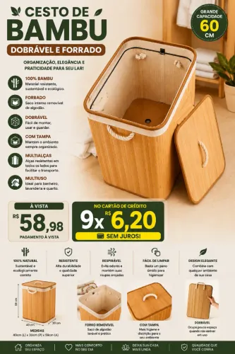 Cesto de Bambu Dobrável com Tampa 60cm Organizador de Roupas
