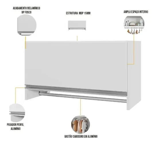 Armário Multiuso Aéreo Cabideiro Grécia Branco - Lyam Decor