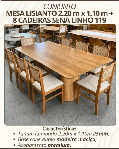 Conjunto Mesa lisianto 2,20x1,10 madeira maciça 8 cadeiras acabamento premium