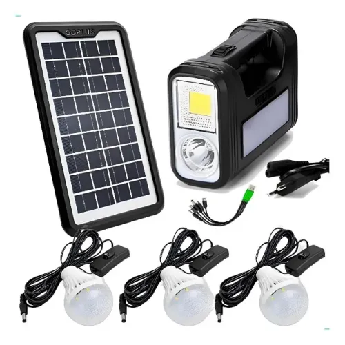 Kit Sistema Solar Painel Led A Bateria + 3 Lampadas Portatil Preto