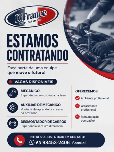 Vaga para: Mecânico, auxiliar de mecânico, desmontador de veiculos