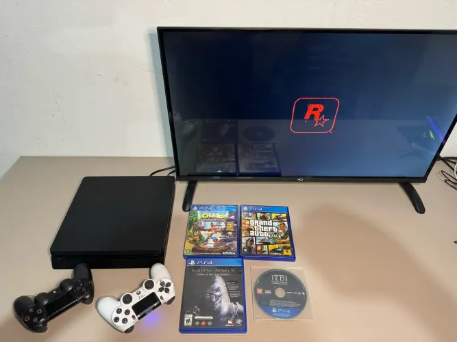 PS4 Slim 1TB + 6 Jogos TOP - RDR2, GTA V, Jedi Fallen Order e mais!