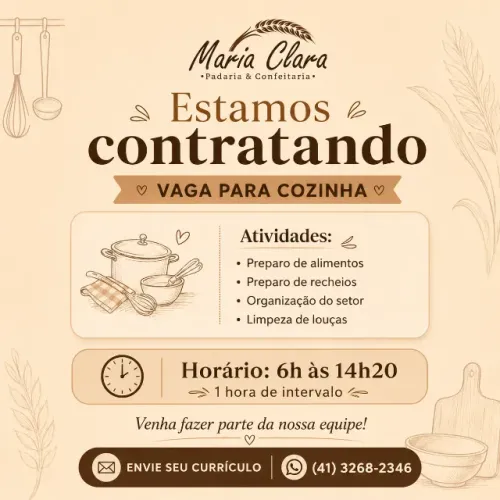 Vaga para Cozinha ? Panificadora Maria Clara