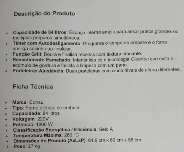 FORNO ELETRICO CONSUL, 84 LITROS