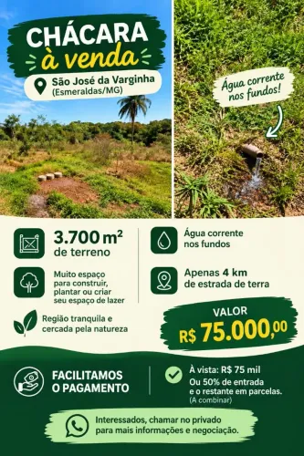 Vendo chácara em são José da Varginha em esmeraldas, 3.700 metros com água corrente.