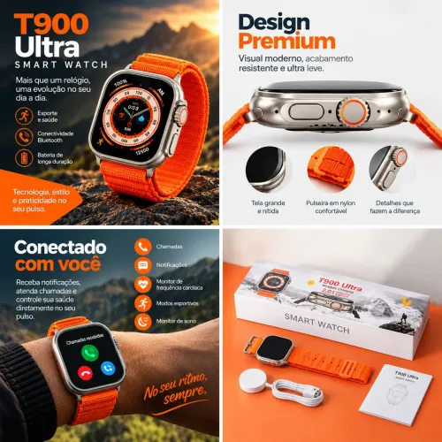 Smartwatch T900 Ultra 2.0 - Tela Grande + Bluetooth + 3 pulseiras