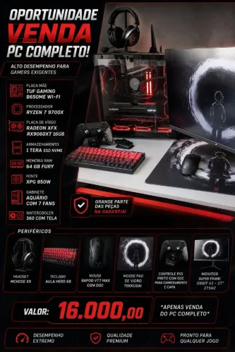 PC GAMER COMPLETO - RYZEN 77900X - 64 GB Ram - 1T SSDNVME - PLACA DE VIDEO RX9060XT 16Gb
