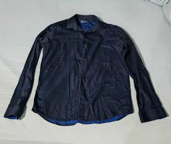 camisa de botão social manga comprida azul e preto
