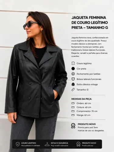 Casaco Feminino em Couro Legítimo Preto Elegante Premium