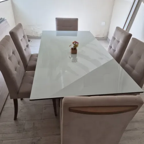 Mesa de Jantar Premium 1,80m de Madeira Com Tampo De Vidro + 6 Cadeiras