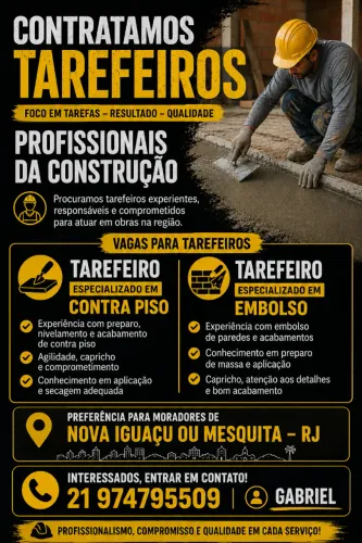 ? Contratamos Tarefeiros para Contra Piso e Embolso | Início Imediato!