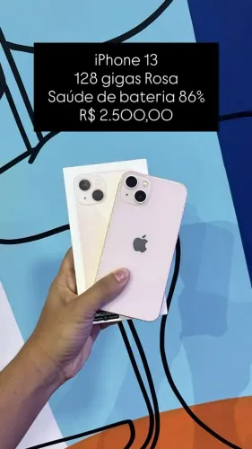 iPhone 13 / 128GB / Rosa / Saúde de bateria 86% / R$ 2.500,00 