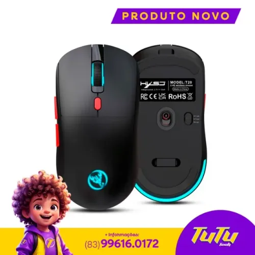 Mouse Sem Fio Gamer HXSJ T20 RGB Leve 2.4Ghz - Lacrado - Preto ou Branco 