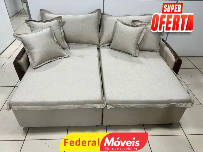 Sofá Cama 2,00m em Linho Lançamento Detalhe em Courino - Entregas