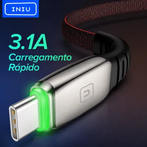 Cabo INIU D4C USB-A para USB-C 50cm 3.1A com LED - Novo