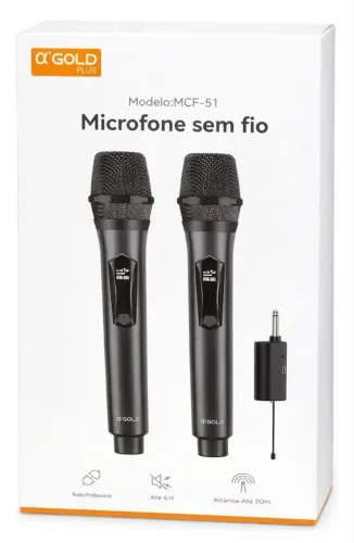 MICROFONE SEM FIO ?GOLD PLUS MCF-51 - UHF | LED DISPLAY | BATERIA RECARREGÁVEL