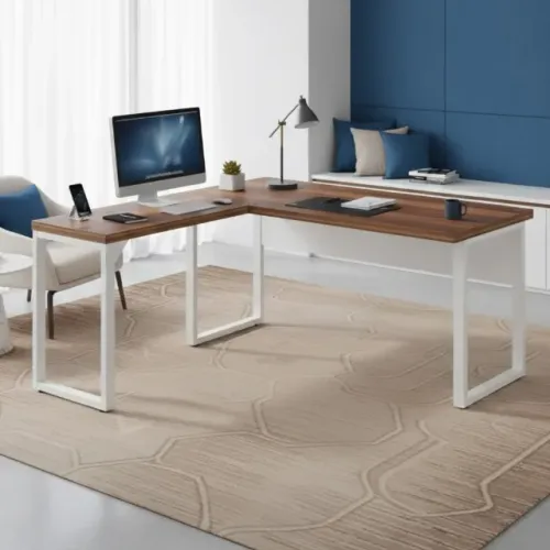 Mesa Em L Para Escritório Com Pé Quadro Design Executivo Nogal Branco 34329