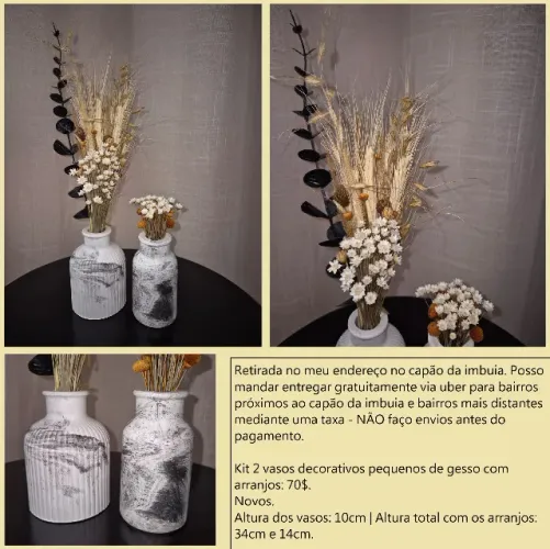 2 vasos pequenos de gesso com arranjos novos