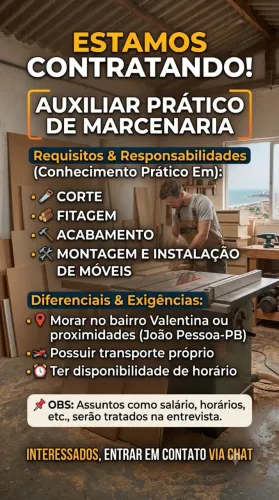 Vaga para auxiliar prático de marcenaria com experiência
