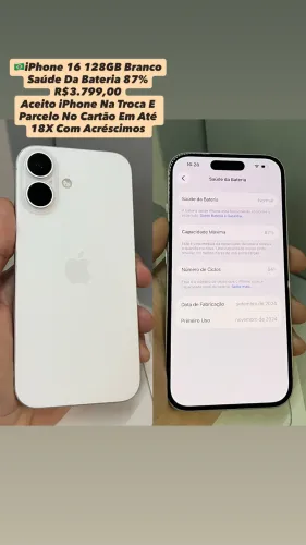 iPhone 16 128GB Branco - Saúde Da Bateria 87% (Usado)