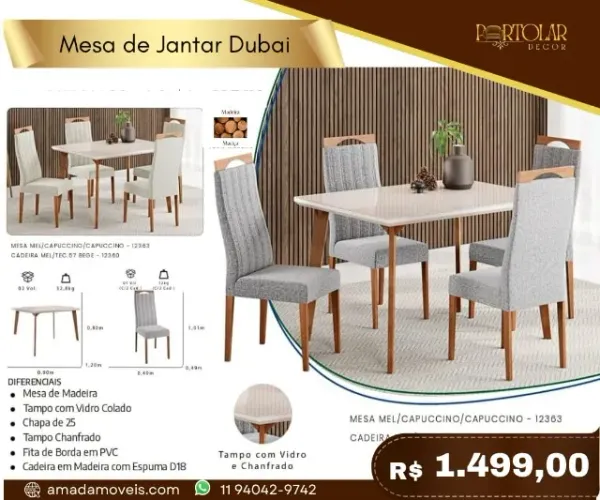 Mesa de Jantar Dubai, a pronta entrega