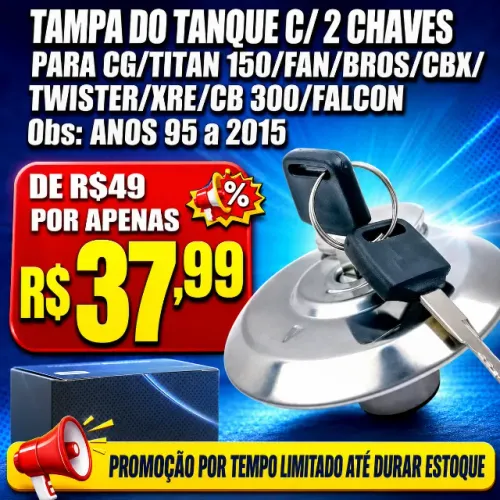 Tampa do Tanque com 2 Chaves para Honda CG, Titan, Fan, Bros e CB